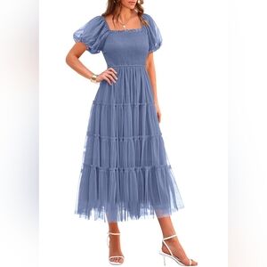 PrettyGarden Amazon Elegant Blue Smocked Tulle Midi Dress